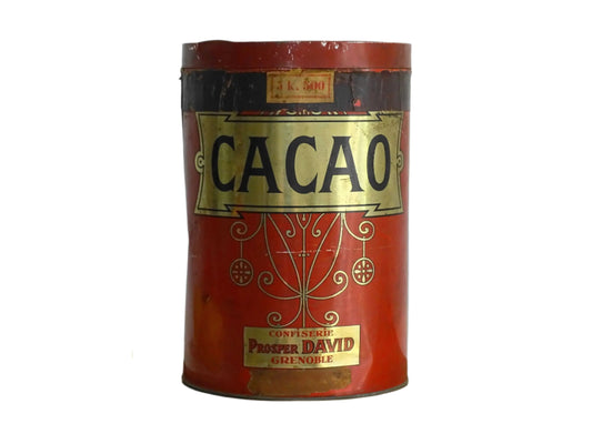 French vintage tin for cacao from Prosper David, red tin with gold lettering