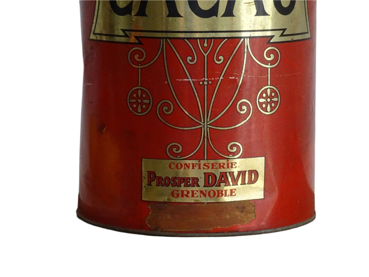 French vintage tin for cacao from Prosper David, red tin with gold lettering