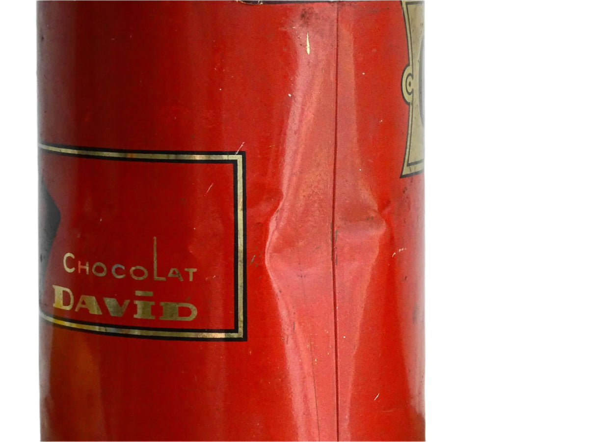 French vintage tin for cacao from Prosper David, red tin with gold lettering