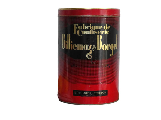 French vintage tin for flour or farine, red tin with gold lettering