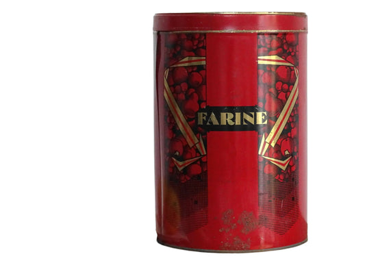 French vintage tin for flour or farine, red tin with gold lettering