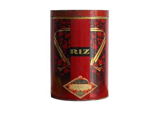 French vintage tin for rice or riz, a red tin with gold lettering