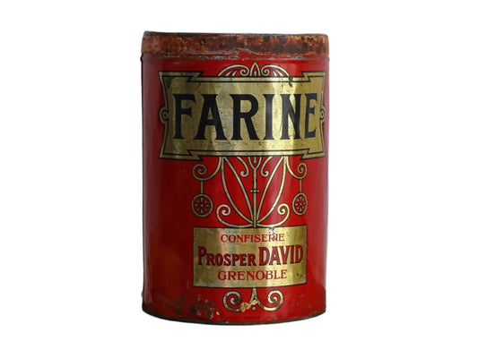 French vintage tin for flour or farine, red tin with gold lettering