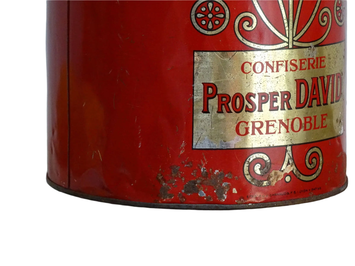 French vintage tin for flour or farine, red tin with gold lettering