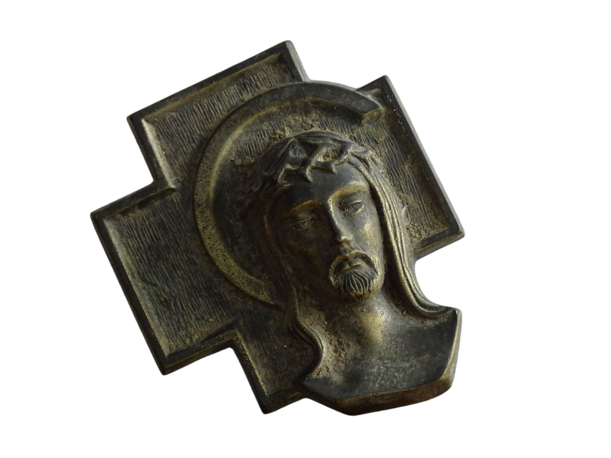 French vintage cross with Christ, religious wall plaque