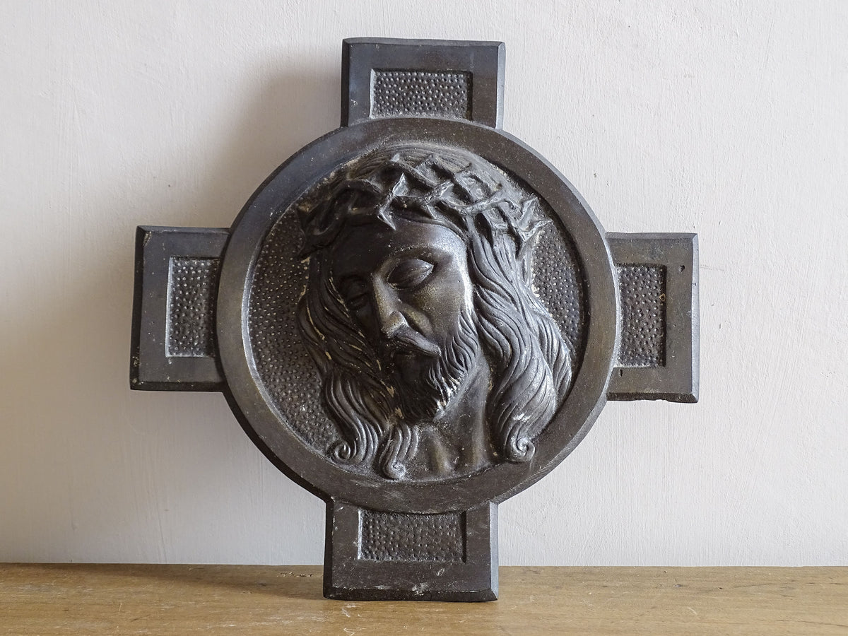 French vintage cross with Christ, religious wall plaque