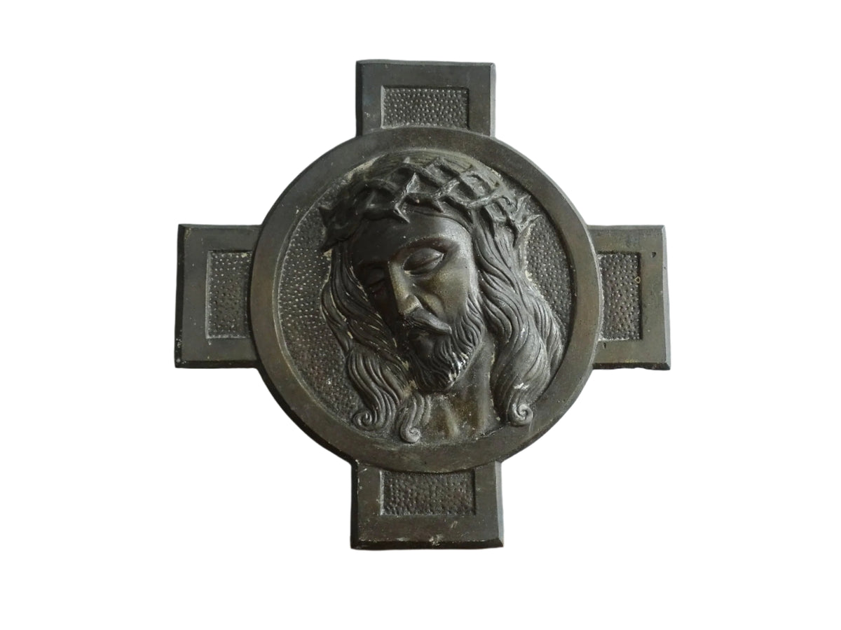 French vintage cross with Christ, religious wall plaque
