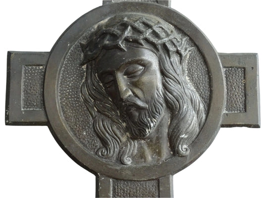 French vintage cross with Christ, religious wall plaque