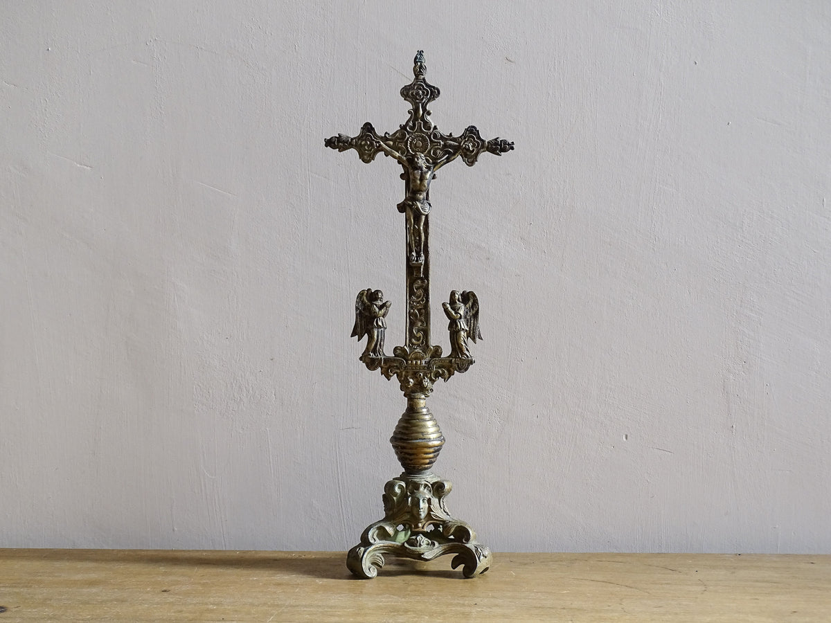 French antique brass altar cross 18th century, antique crucifix with ornate details. Brass altar crucifix with angels.