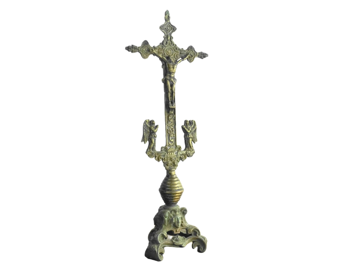 French antique brass altar cross 18th century, antique crucifix with ornate details. Brass altar crucifix with angels.