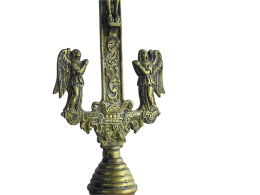 French antique brass altar cross 18th century, antique crucifix with ornate details. Brass altar crucifix with angels.