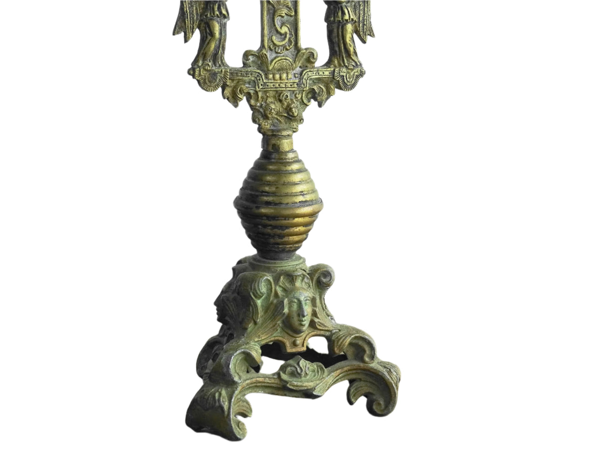 French antique brass altar cross 18th century, antique crucifix with ornate details. Brass altar crucifix with angels.