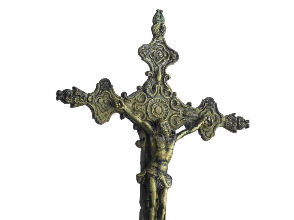 French antique brass altar cross 18th century, antique crucifix with ornate details. Brass altar crucifix with angels.