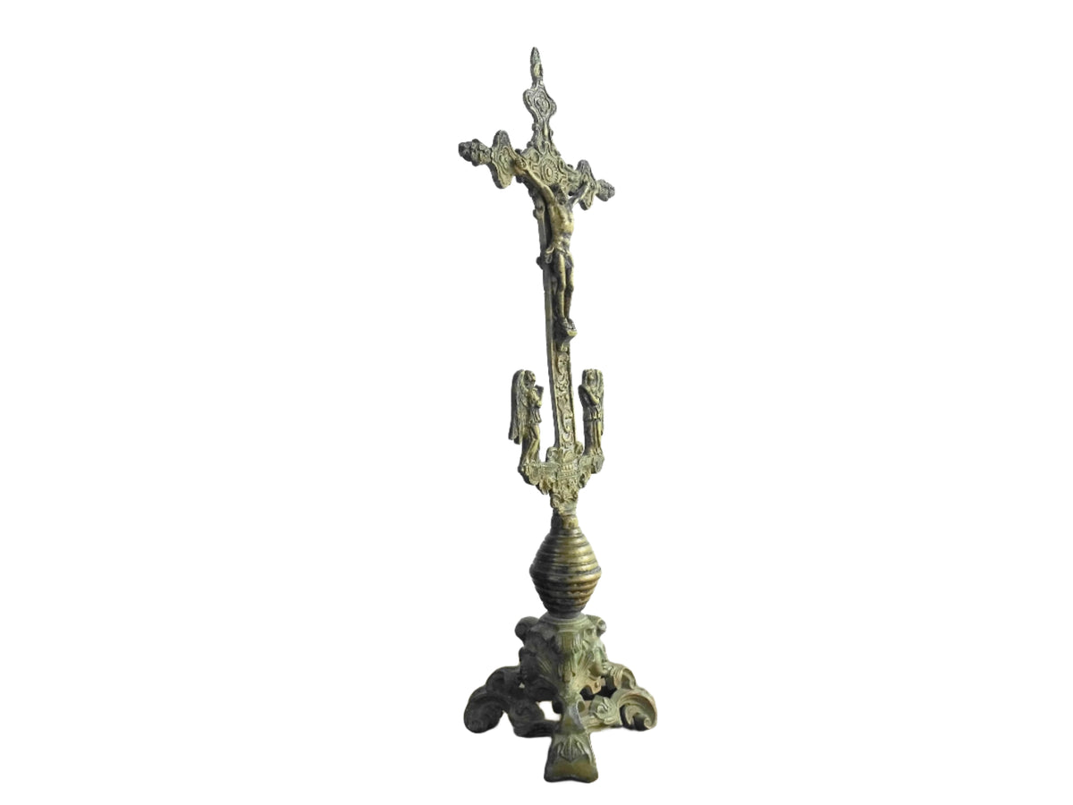 French antique brass altar cross 18th century, antique crucifix with ornate details. Brass altar crucifix with angels.