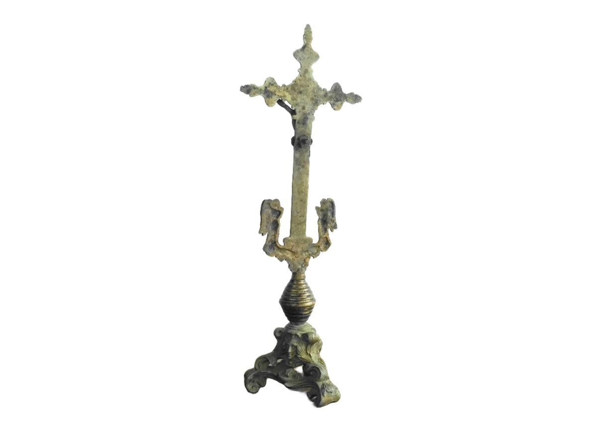 French antique brass altar cross 18th century, antique crucifix with ornate details. Brass altar crucifix with angels.