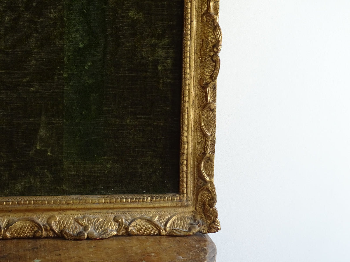 French antique gold frame with green velvet. Antique gilt wood frame with arched top.