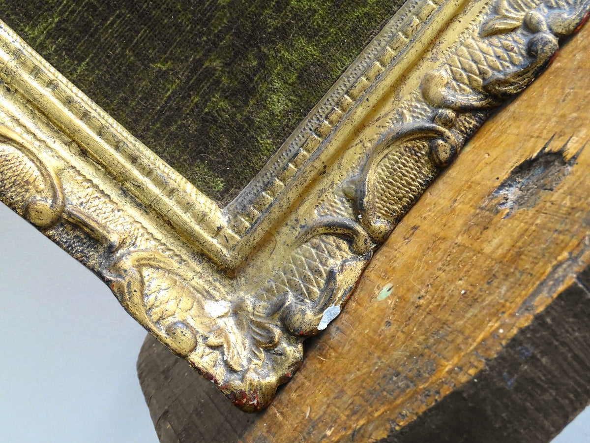 French antique gold frame with green velvet. Antique gilt wood frame with arched top.