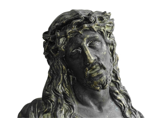 French antique spelter bust of Jesus Christ with the crown of thorns. 19th century antique bust.
