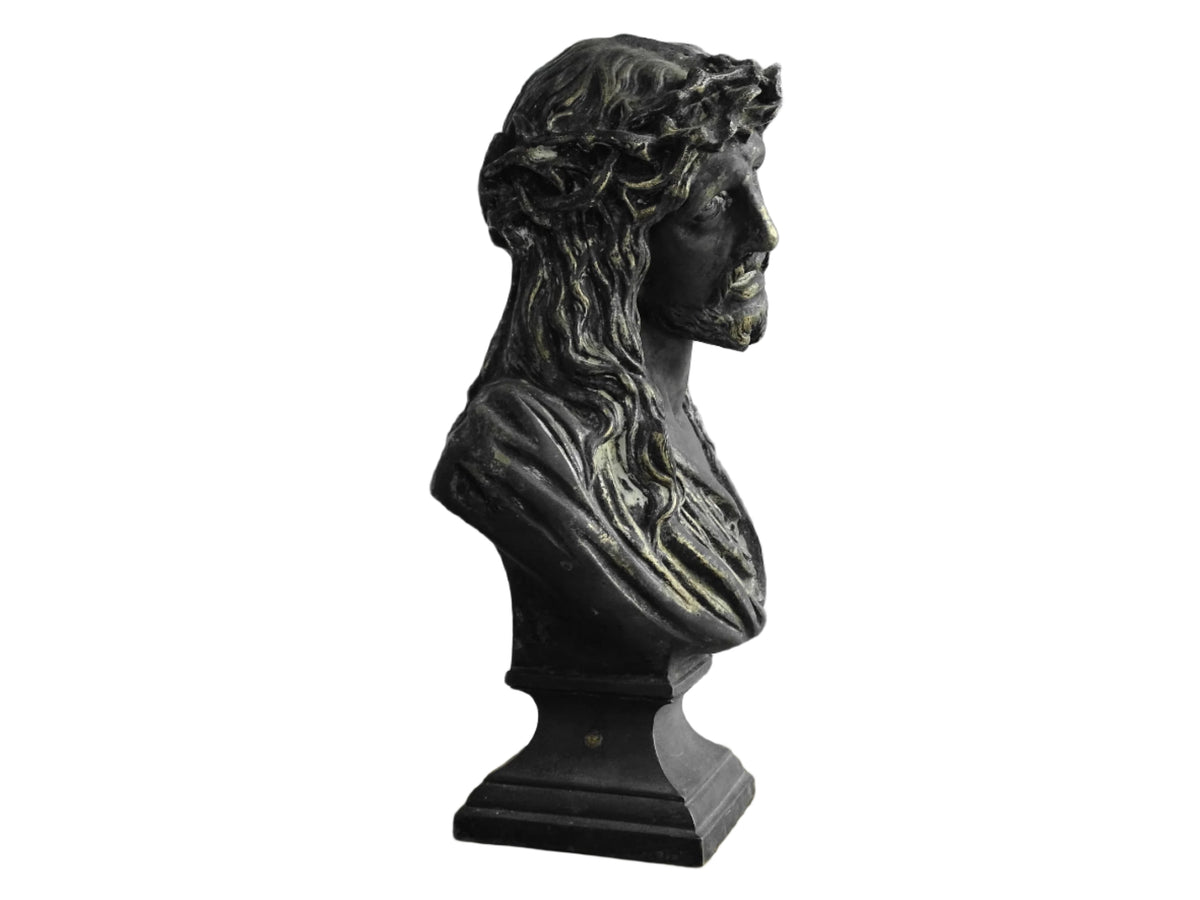 French antique spelter bust of Jesus Christ with the crown of thorns. 19th century antique bust.