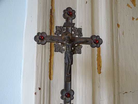 French antique crucifix with gilt detailing with red glass stones