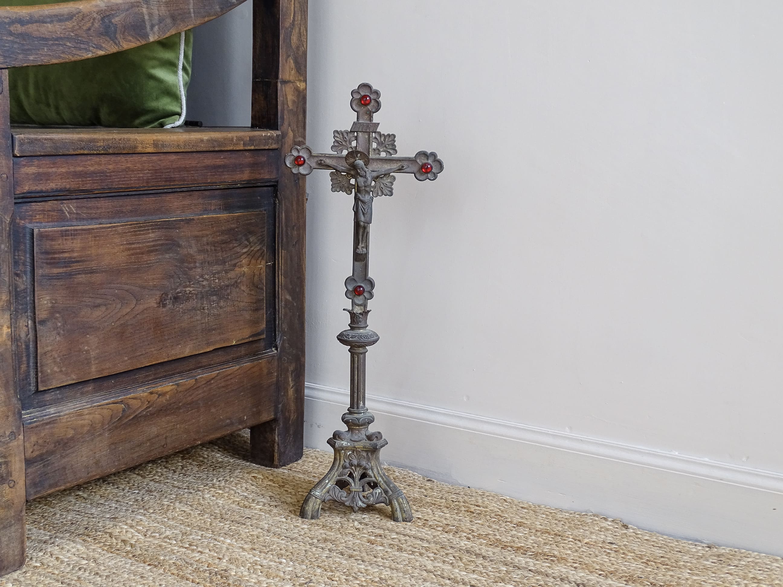 French Antique Altar Cross with Red Glass Stones 22.2