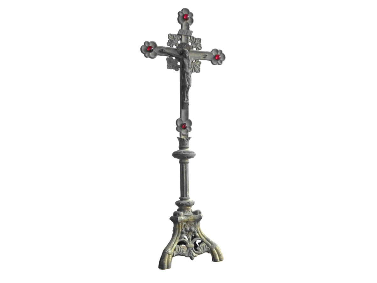 French antique altar cross with red glass stones and a tripod base, antique French Inri cross or standing cross. Decorative altar crucifix.