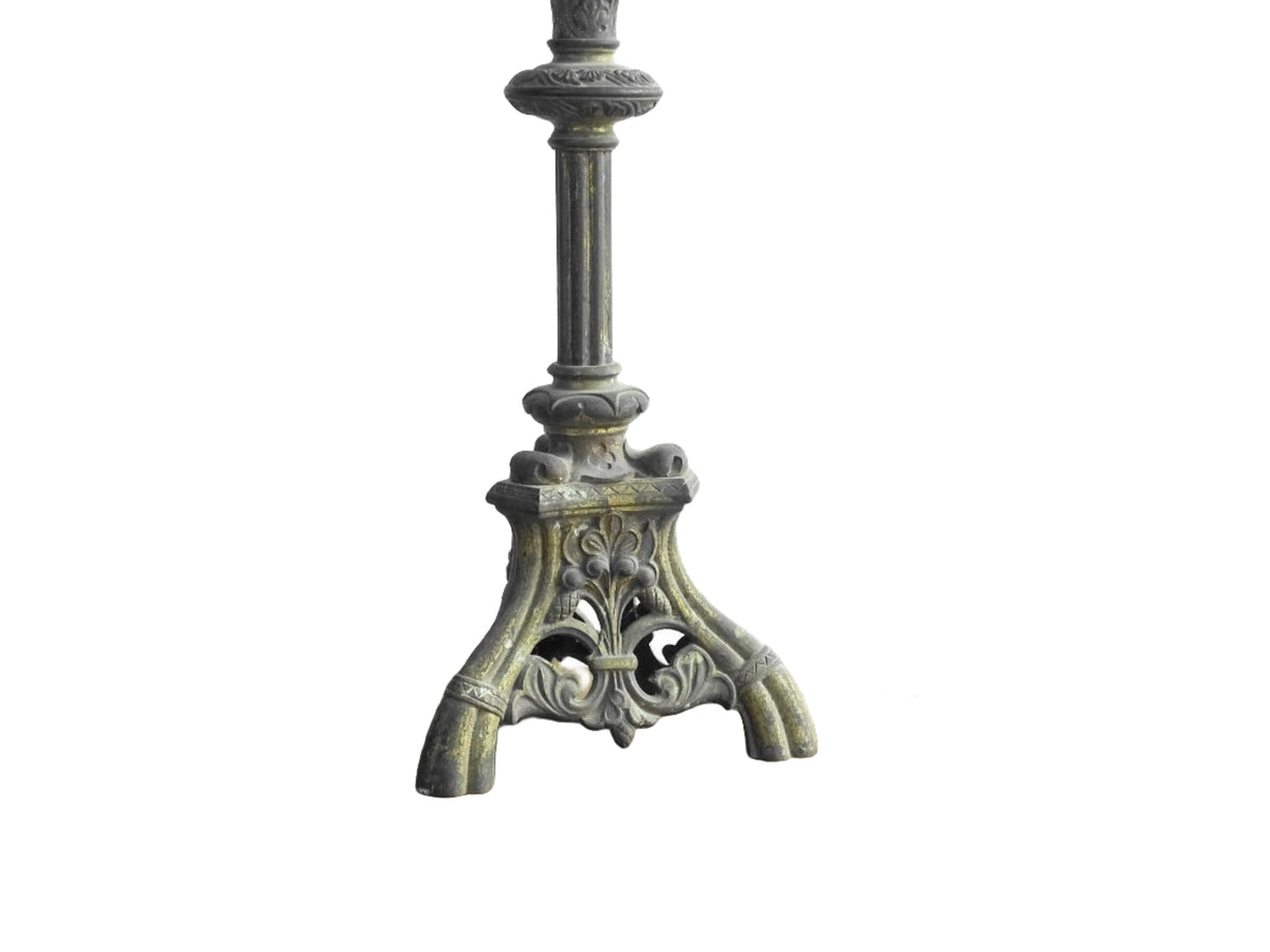 French antique altar cross with red glass stones and a tripod base, antique French Inri cross or standing cross. Decorative altar crucifix.