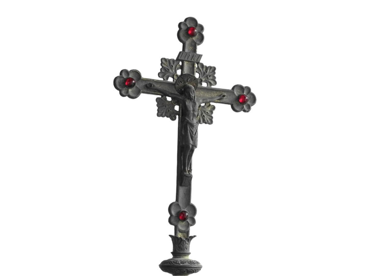 French antique altar cross with red glass stones and a tripod base, antique French Inri cross or standing cross. Decorative altar crucifix.