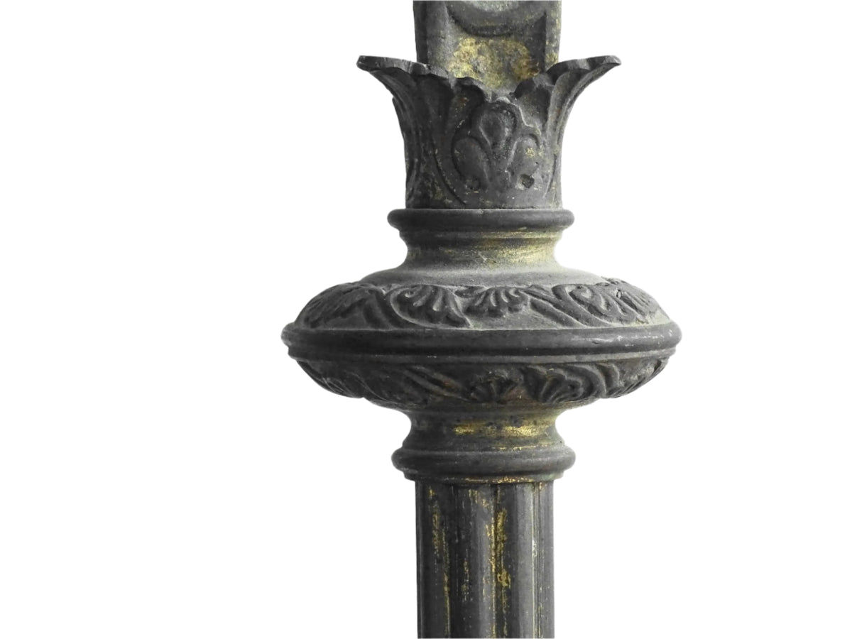 French antique altar cross with red glass stones and a tripod base, antique French Inri cross or standing cross. Decorative altar crucifix.