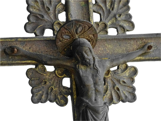 French antique altar cross with red glass stones and a tripod base, antique French Inri cross or standing cross. Decorative altar crucifix.