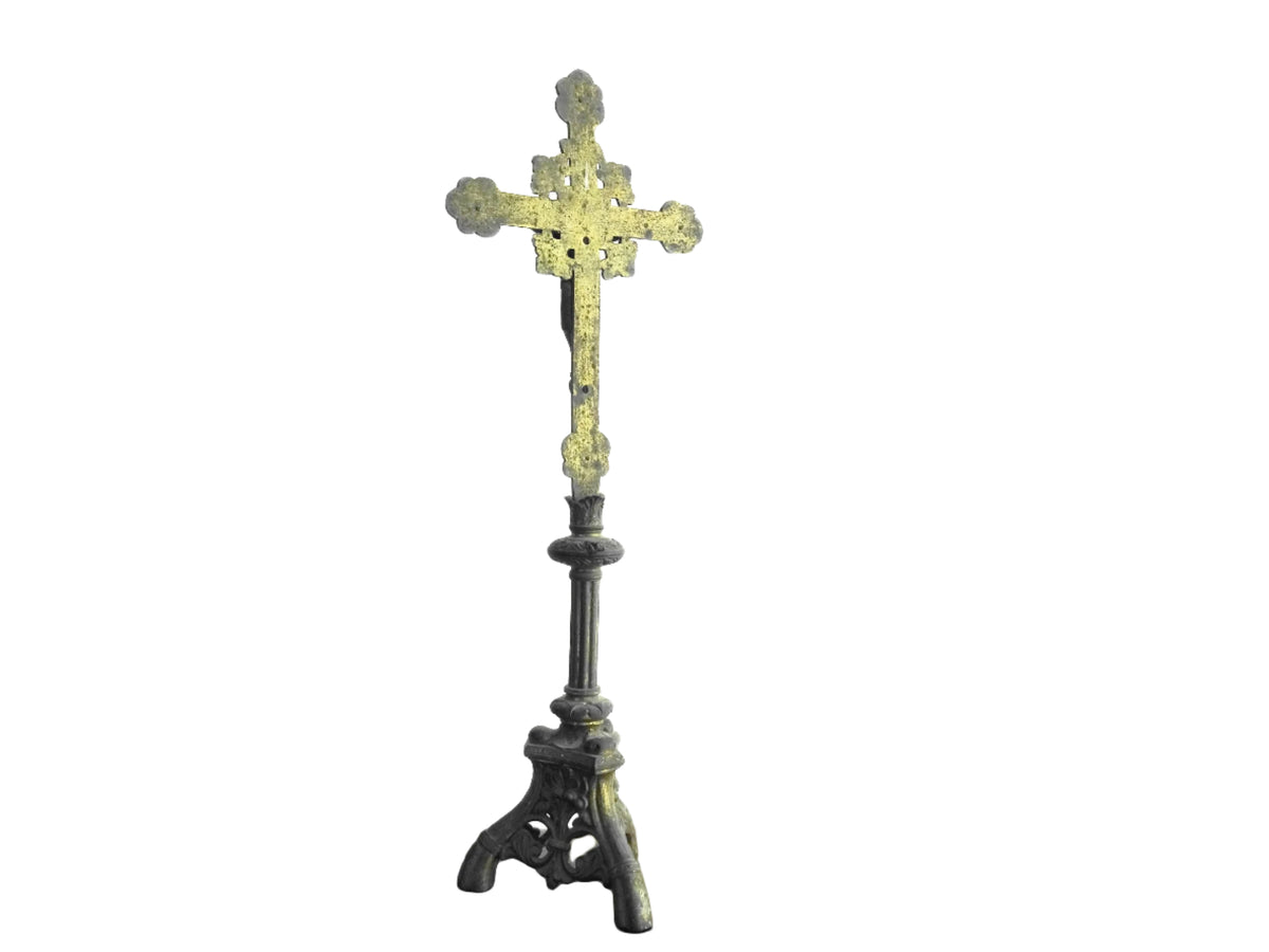French antique altar cross with red glass stones and a tripod base, antique French Inri cross or standing cross. Decorative altar crucifix.