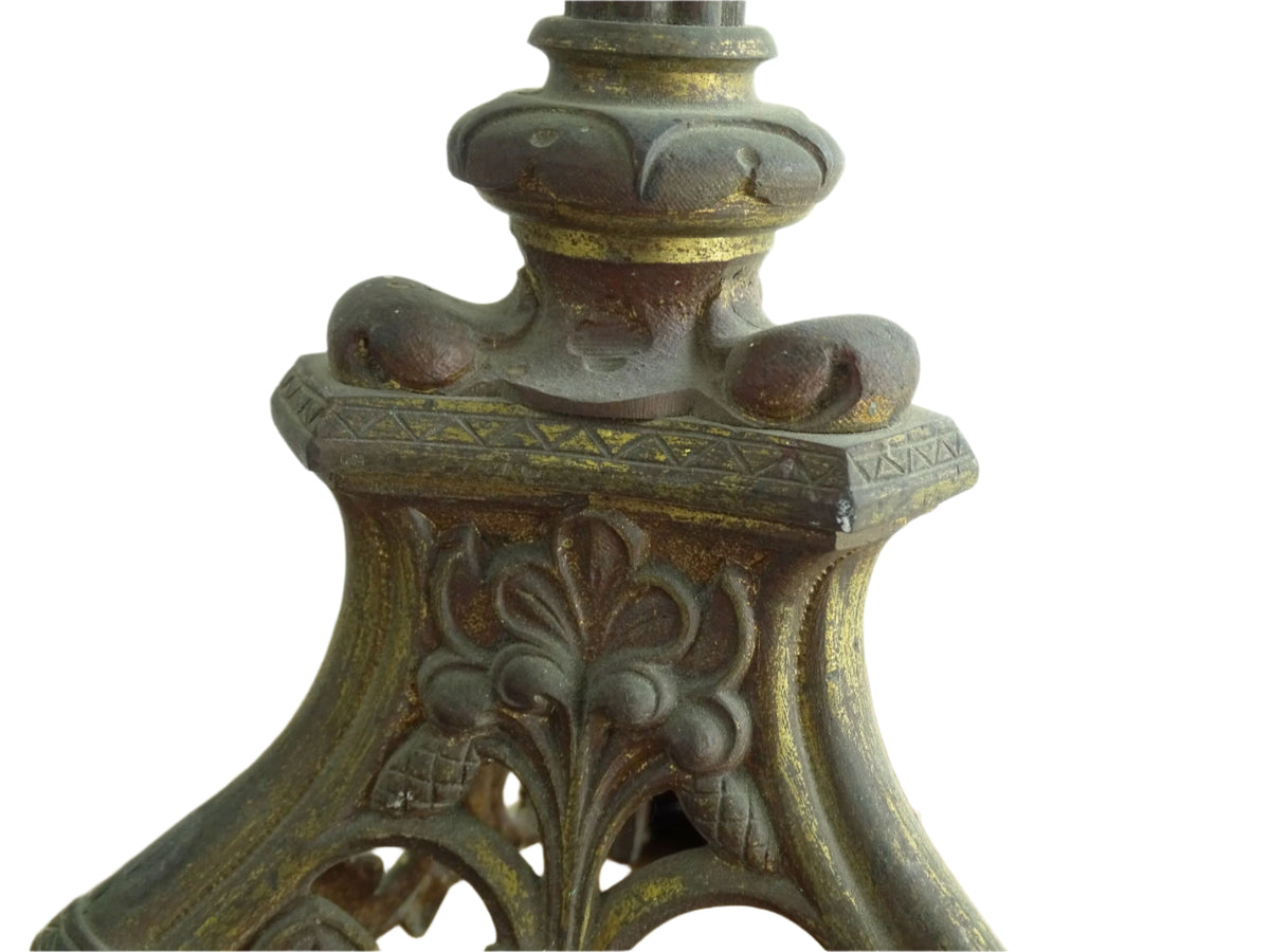 French antique altar cross with red glass stones and a tripod base, antique French Inri cross or standing cross. Decorative altar crucifix.