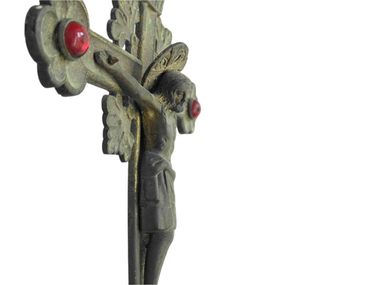 French antique altar cross with red glass stones and a tripod base, antique French Inri cross or standing cross. Decorative altar crucifix.
