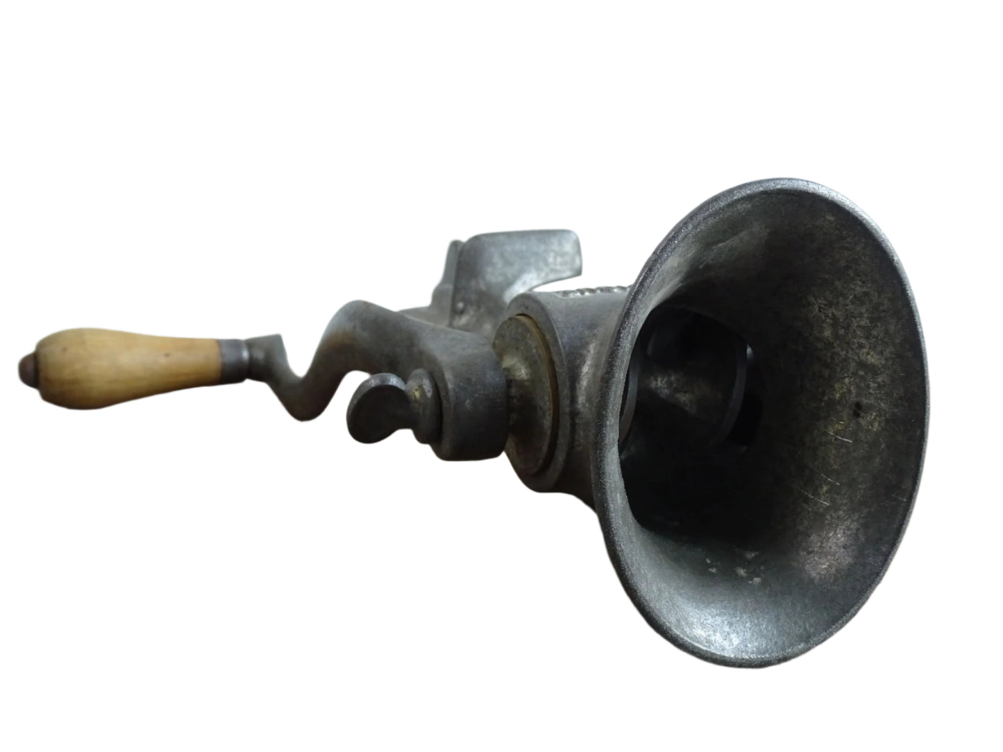 French vintage meat grinder marked 'Le Practique' with wooden handle