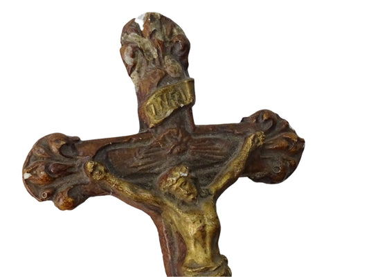 Small Antique French Crucifix in Wood and Plaster Gold Painted