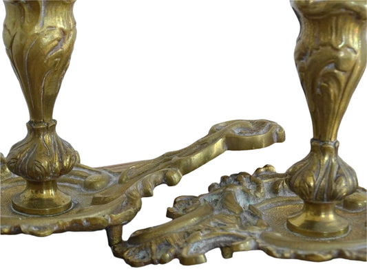 Pair of French antique brass candle holders or Art Nouveau brass candlesticks.