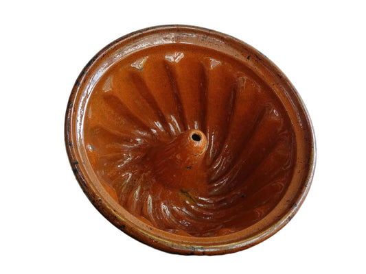 French antique Kougelhopf Mould from Alsace with deep orange glaze