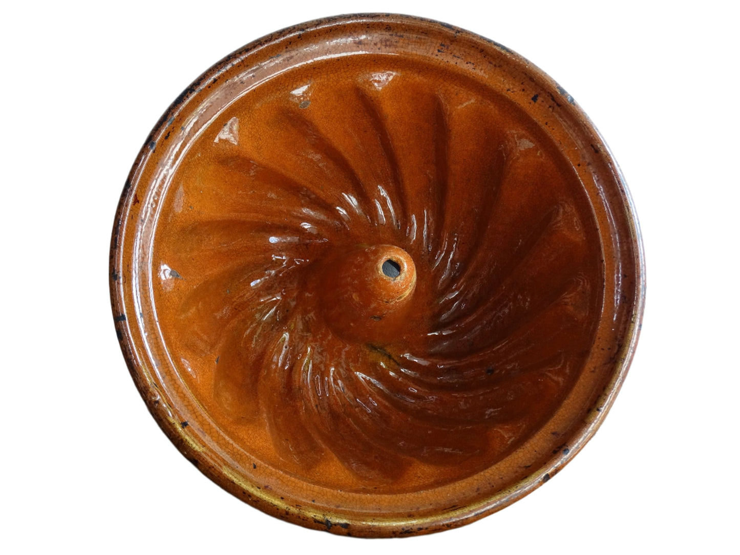 French antique Kougelhopf Mould from Alsace with deep orange glaze