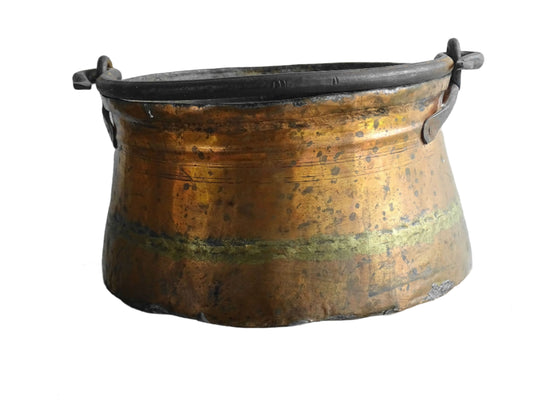 French antique copper cauldron or cooking pot with wrought iron handle