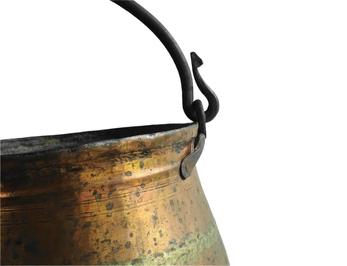French antique copper cauldron or cooking pot with wrought iron handle