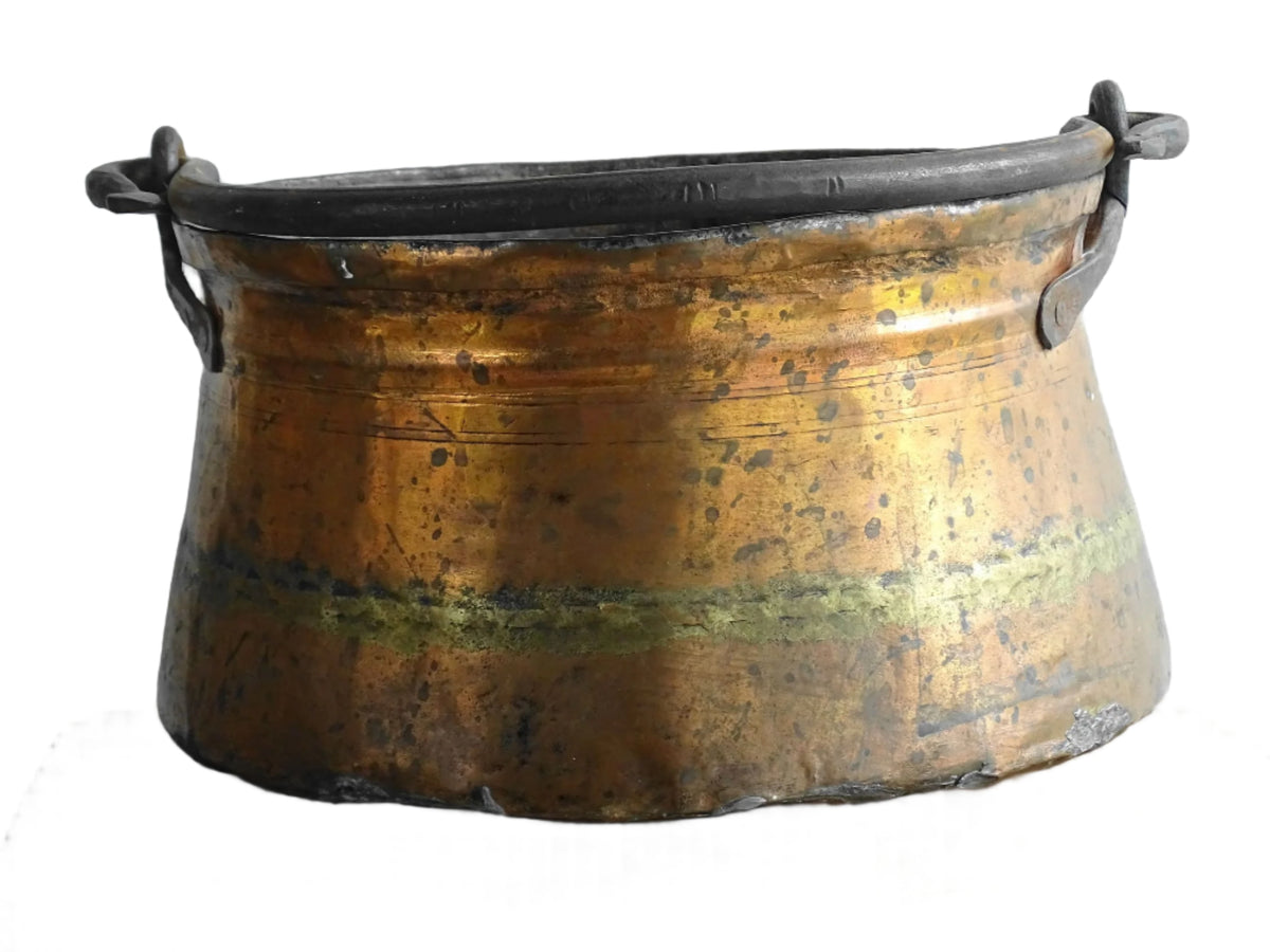 French antique copper cauldron or cooking pot with wrought iron handle