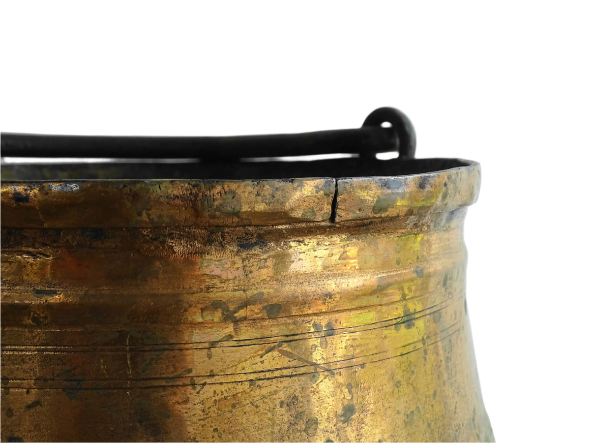 French antique copper cauldron or cooking pot with wrought iron handle