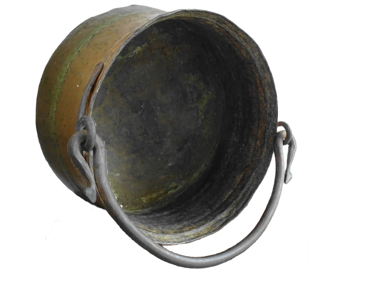 French antique copper cauldron or cooking pot with wrought iron handle