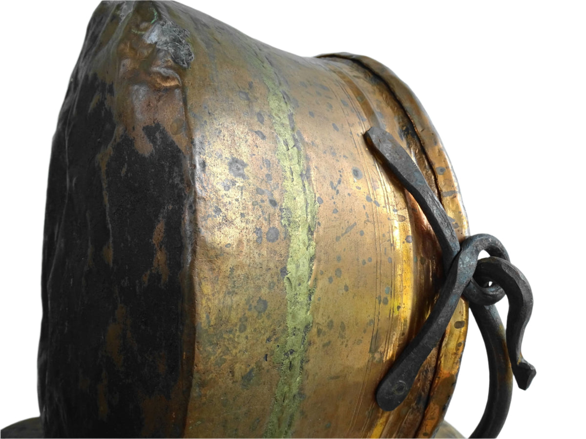 French antique copper cauldron or cooking pot with wrought iron handle