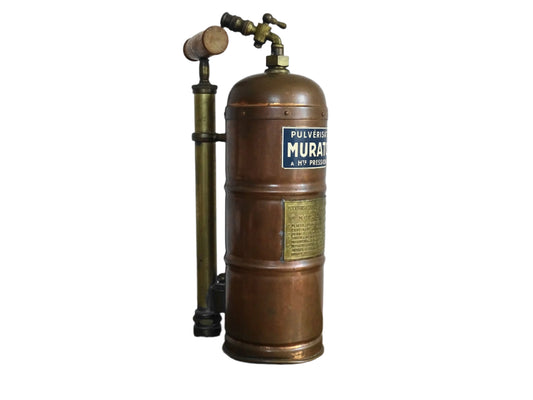 French antique copper plant sprayer or Pulvérisateur. Copper garden sprayer for industrial decorative accent.