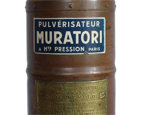 French antique copper plant sprayer or Pulvérisateur. Copper garden sprayer for industrial decorative accent.