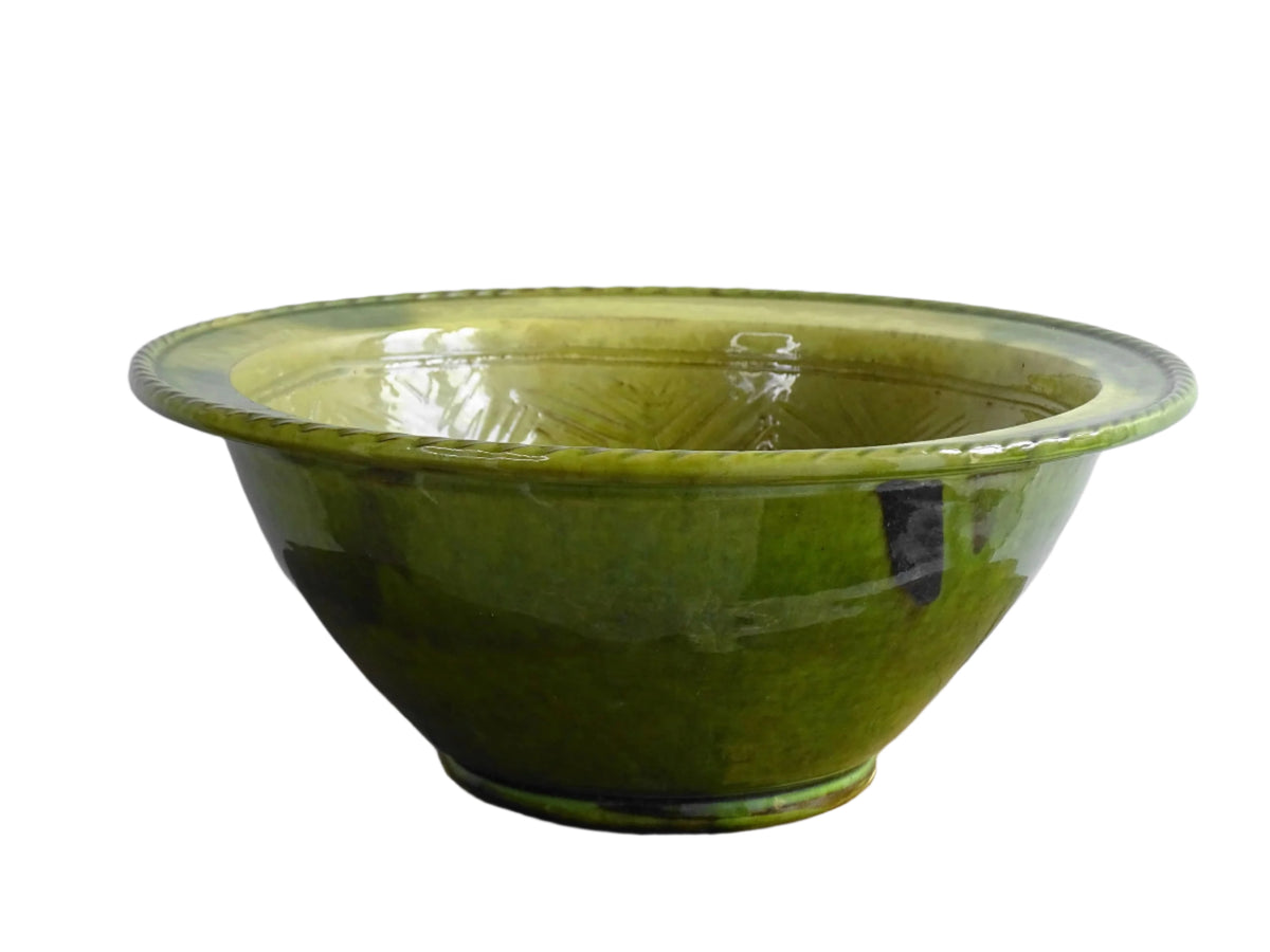 French Antique Terracotta Bowl with Green Glaze and Diamond Pattern
