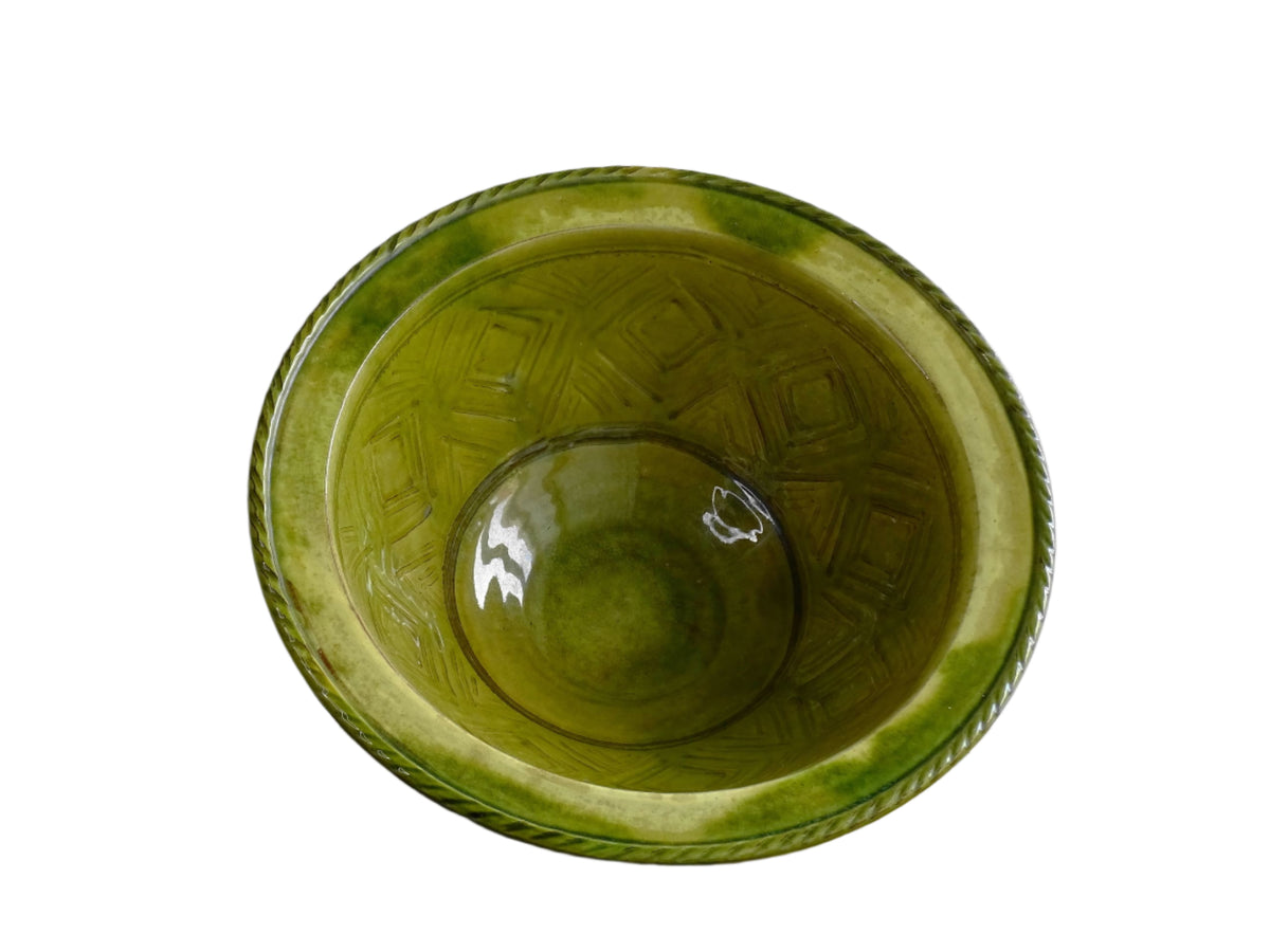 French Antique Terracotta Bowl with Green Glaze and Diamond Pattern