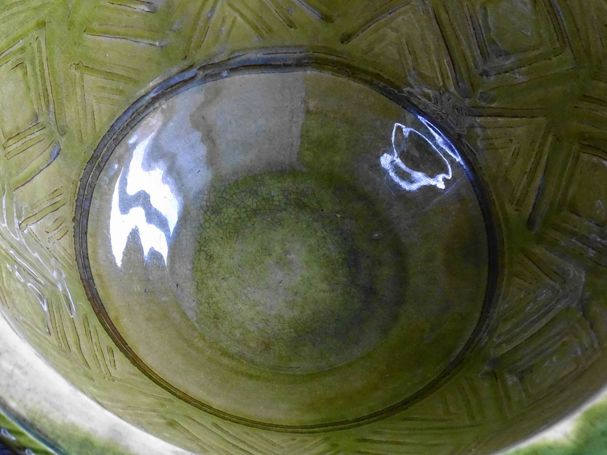 French Antique Terracotta Bowl with Green Glaze and Diamond Pattern