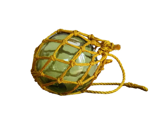 French vintage glass buoy in green glass, handblown glass float with yellow rope